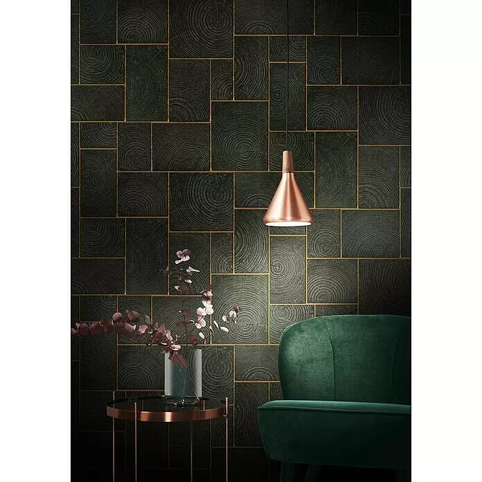 Marburg Natural Opulence Vliestapete - Schwarz, Holzoptik, 10,05 x 0,7 m - Dunkle Wandpaneele mit Goldlinien und kreisförmiger Holzmaserung, die ein geometrisches Muster bilden.