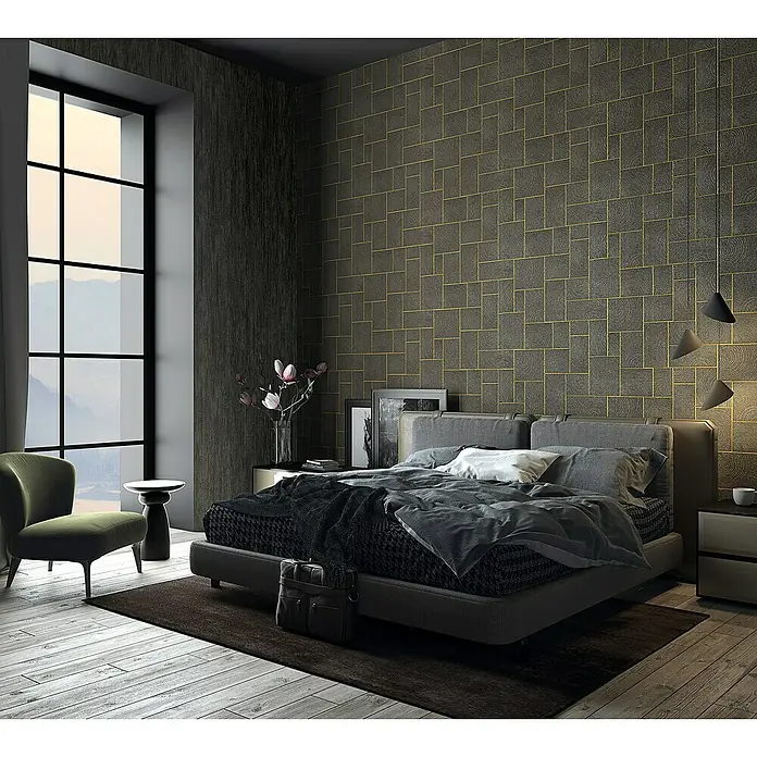 Marburg Natural Opulence Vliestapete - Schwarz, Holzoptik, 10,05 x 0,7 m - Elegantes Schlafzimmer mit strukturierten Tapeten, stilvollem Bett und passenden Möbeln für eine luxuriöse Atmosphäre.
