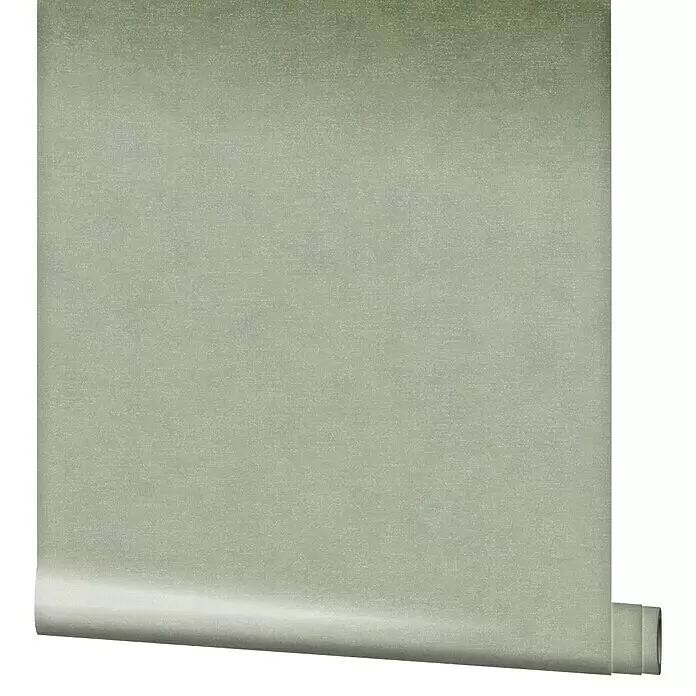 Marburg Shades Vliestapete - Grau-Beige, Uni, 10,05 x 0,53 m - Hellgrüne strukturierte Tapetenrolle, teilweise abgerollt.
