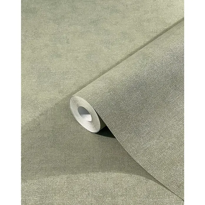 Marburg Shades Vliestapete - Grau-Beige, Uni, 10,05 x 0,53 m - Nahaufnahme einer Rolle hellgrüner Textiltapete mit subtiler Struktur, ideal für moderne Innenräume und als dekoratives Wandelement.