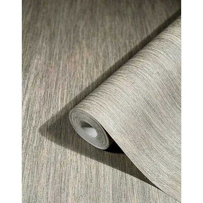 Marburg Natural Opulence Vliestapete - Greige, Streifen, 10,05 x 0,7 m - Nahaufnahme einer Rolle hochwertiger, grau strukturierter Vinyltapete. Ideal für stilvolle Wandgestaltungen und Renovierungen.