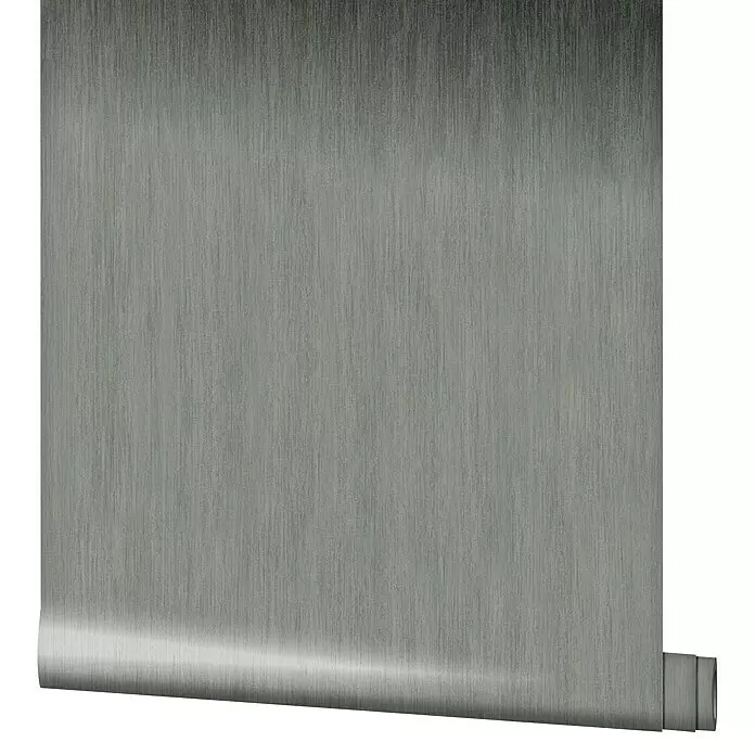Marburg Natural Opulence Vliestapete - Metallic-Grau, Streifen, 10,05 x 0,7 m - Dunkelgraue Tapetenrolle mit gebürsteter Metalloptik, teilweise abgerollt.