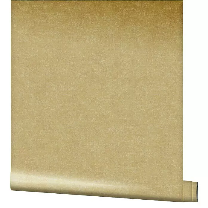Marburg Shades Vliestapete - Ocker, Uni, 10,05 x 0,53 m - Teilweise abgerollte goldbraune strukturierte Tapetenrolle.