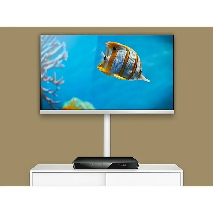 D-Line Kabelkanal Halbrund - 1,5 m, 50 x 25 mm, Weiß - Ein modernes Fernsehgerät mit einem eleganten Blu-ray-Player darunter, perfekt für ein Heimkinoerlebnis.