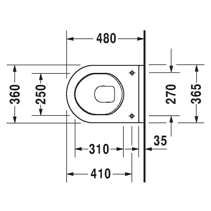 Duravit Starck 3 Wand-WC Compact - Mit Spülrand, Mit antibakterieller Glasur, Spülform: Tief, WC Abgang: Waagerecht, Sichtbarkeit Befestigung: Sichtbar - Draufsicht des WCs mit Maßen. Übersichtliche Darstellung des Sanitärkeramikobjekts für Installationszwecke.