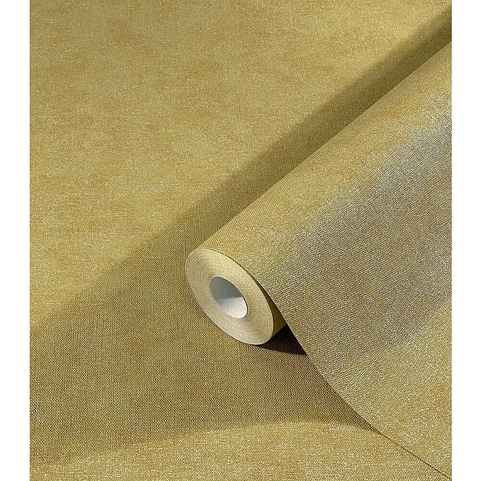 Marburg Shades Vliestapete - Ocker, Uni, 10,05 x 0,53 m - Nahaufnahme einer goldenen Tapetenrolle mit Textur.