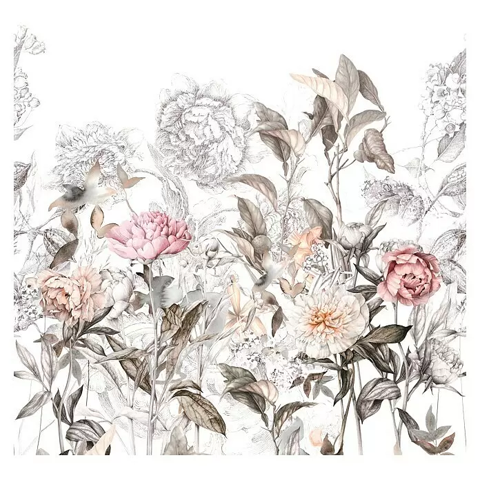 Marburg Smart Art Gallery Fototapete Big Flowers - B x H: 3,18 x 3,4 m, Vlies, Weiß-Greige - Botanische Illustration mit rosa und pfirsichfarbenen Akvarell-Pfingstrosen, gedämpften Blättern und detaillierten Strichzeichnungen von Blumen.