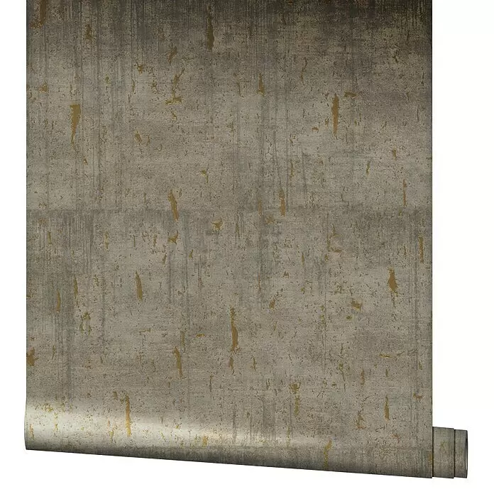 Marburg Natural Opulence Vliestapete - Greige, Betonoptik, 10,05 x 0,7 m - Grau-taupe Tapete im Used-Look mit metallischen Goldakzenten, von einer Rolle abgerollt.