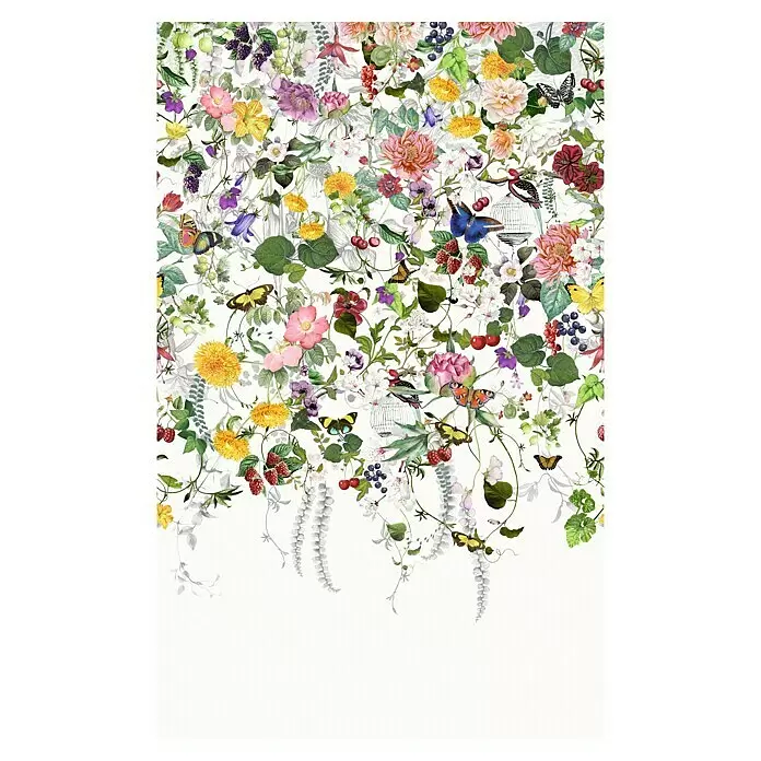 Marburg Smart Art Gallery Fototapete Flower Curtain - B x H: 2,12 x 3,4 m, Vlies - Lebhaftes botanisches Muster mit bunten Blumen, Beeren und Schmetterlingen, kaskadierendes Design.
