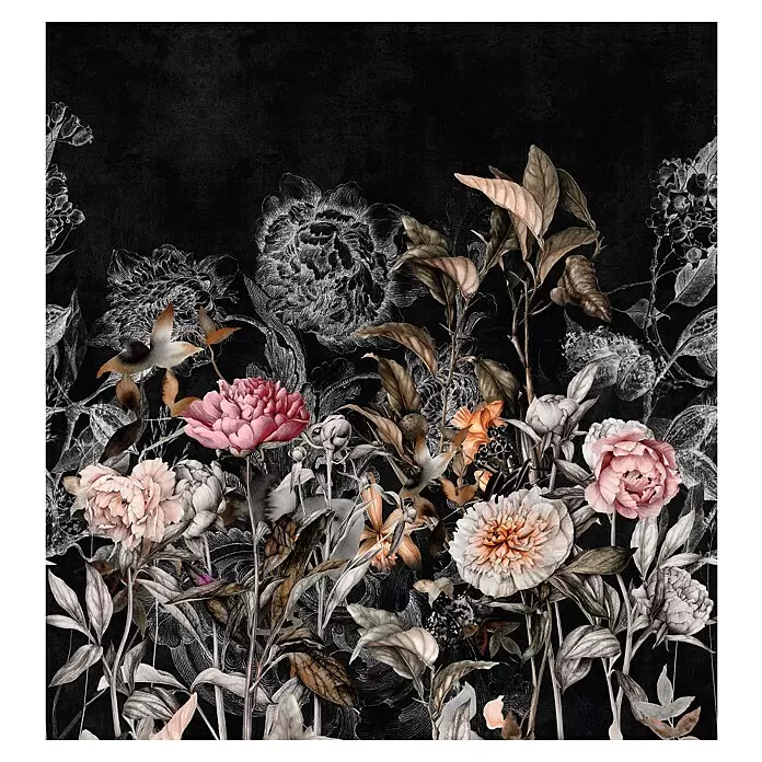 Marburg Smart Art Gallery Fototapete Big Flowers - B x H: 3,18 x 3,4 m, Vlies, Schwarz-Greige - Florales Design mit rosa, pfirsichfarbenen und orangen Pfingstrosen, detaillierten weißen Strichzeichnungen und sepiafarbenen Blättern auf dunklem Hintergrund.