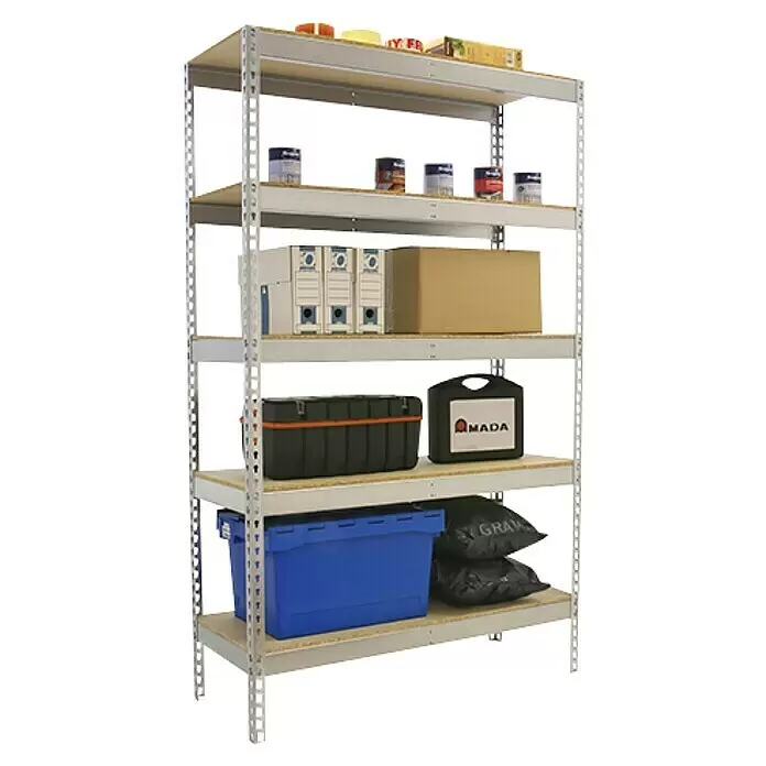Simonrack Simonforte Schwerlastregal Simonforte Chipboard - H x B x T: 200 x 150 x 75 cm, Traglast pro Boden: 600 kg, Anzahl Böden: 5 Stk., Stecken, Silber - Graues Metallregal mit sechs Ablagen, zur Aufbewahrung verschiedener Gegenstände wie Kisten und Werkzeuge.