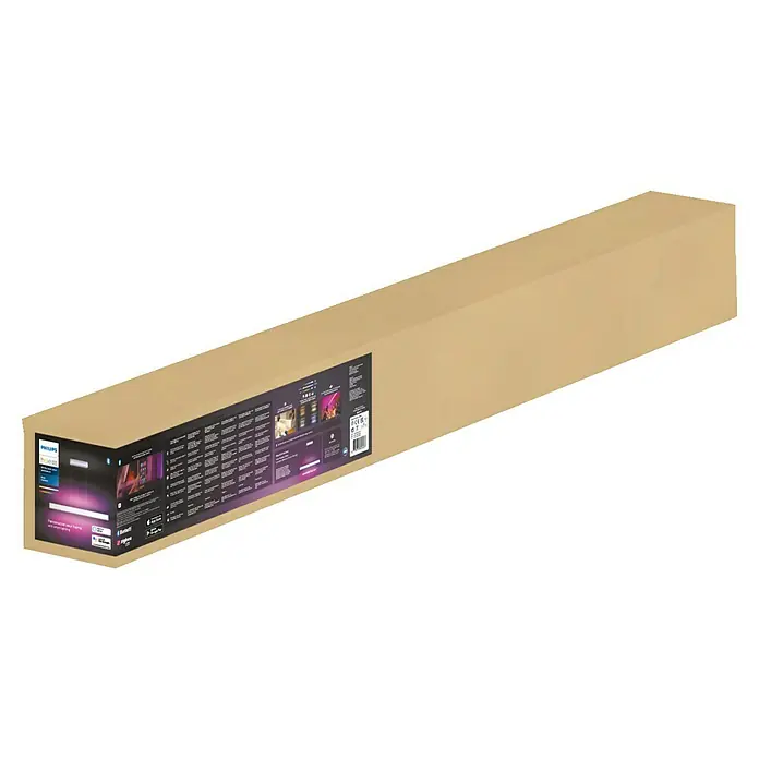 Philips Hue LED-Pendelleuchte White and Color Ambience Ensis - 79 W, L x B x H: 129,9 x 4 x 157 cm, Weiß, Mehrfarbig - Verpackung einer Philips Hue Deckenleuchte mit Informationen zur Produktfunktion und Kompatibilität mit verschiedenen Smart-Home-Systemen.