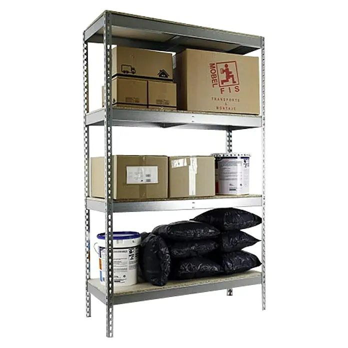 Simonrack Simonforte Schwerlastregal Simonforte Chipboard - H x B x T: 200 x 210 x 75 cm, Traglast pro Boden: 400 kg, Anzahl Böden: 4 Stk., Stecken, Silber - Metallregal mit vier Regalböden, beladen mit Kartons, Eimern und Säcken, ideal für Lagerung und Organisation.