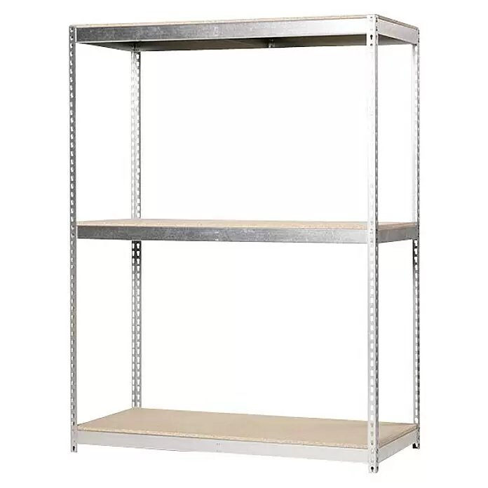 Simonrack Simonforte Estantería para cargas pesadas Chipboard - Al x An x Pr: 200 x 240 x 90 cm, Capacidad de carga por balda: 400 kg, Número de baldas: 3 ud., Inserción, Galvanizado - Estantería metálica plateada con tres estantes de madera clara.