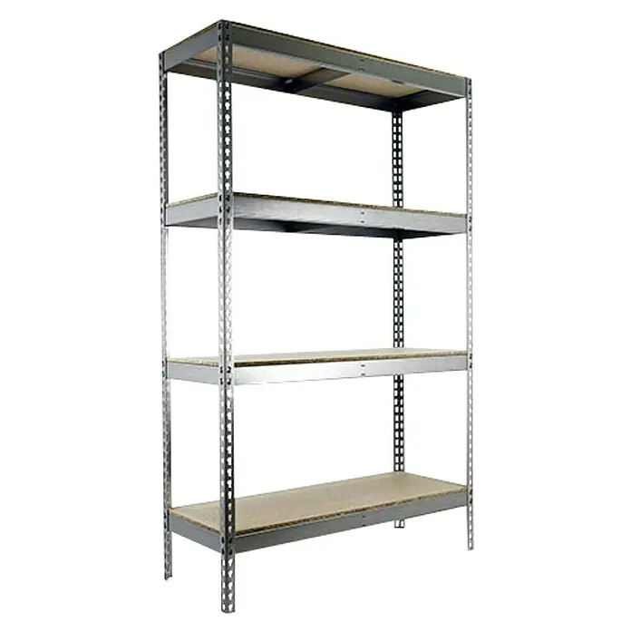 Simonrack Simonforte Estantería para cargas pesadas Chipboard - Al x An x Pr: 200 x 210 x 75 cm, Capacidad de carga por balda: 400 kg, Número de baldas: 4 ud., Inserción, Galvanizado - Imagen de una estantería metálica plateada con cuatro estantes de madera. La estantería se muestra sobre un fondo negro.