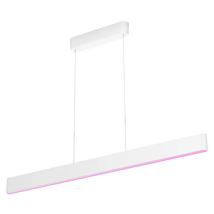 Philips Hue LED-Pendelleuchte White and Color Ambience Ensis - 79 W, L x B x H: 129,9 x 4 x 157 cm, Weiß, Mehrfarbig - Moderne LED-Hängeleuchte in Weiß mit indirekter, pinkfarbener Beleuchtung. Ideal für stilvolle Raumakzente und zeitgemäße Beleuchtungslösungen.