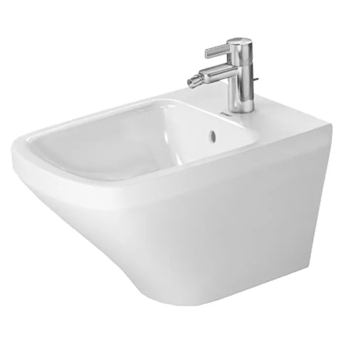 Duravit DuraStyle Wand-Bidet Typ 3 - 37 x 54 cm, Weiß, Keramik, Ohne Spezialglasur - Nahaufnahme einer modernen, weißen Bidet-Keramik mit einem eleganten Chrom-Wasserhahn, ideal für stilvolle Badezimmerdesigns.