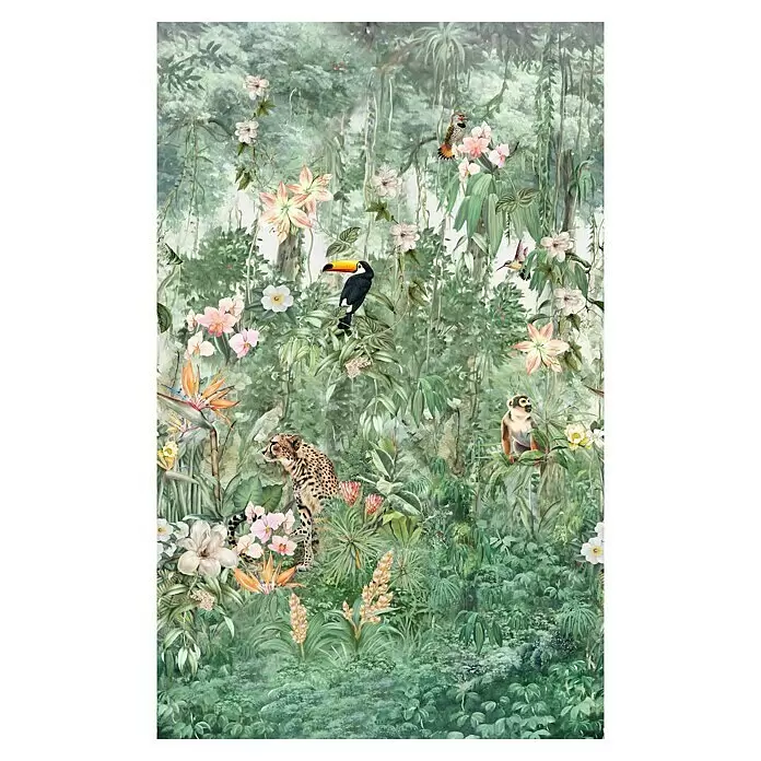 Marburg Smart Art Gallery Fototapete Dschungelleben - B x H: 2,12 x 3,4 m, Vlies - Üppige tropische Dschungelszene mit Gepard, Tukan, Affe sowie leuchtenden Blumen und Pflanzen.
