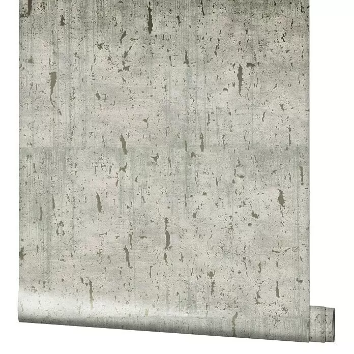 Marburg Natural Opulence Vliestapete - Helles Greige, Betonoptik, 10,05 x 0,7 m - Rolle hellgrauer, strukturierter Tapete mit abstraktem Vintage-Muster, teilweise ausgerollt.
