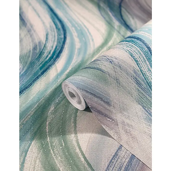 Marburg Shades Vliestapete - Blau-Grün, Wellen, 10,05 x 0,53 m - Nahaufnahme einer Rolle Vinyltapete mit blaugrünen Wellen und einer leichten Textur, ideal für moderne Innenräume.