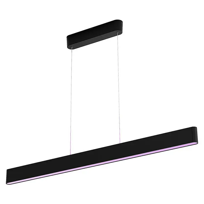 Philips Hue LED-Pendelleuchte White and Color Ambience Ensis - 79 W, L x B x H: 129,9 x 4 x 157 cm, Schwarz, RGBW - Moderne LED-Hängeleuchte in Schwarz mit eleganter, violetter Beleuchtung, ideal für stilvolle Innenräume.