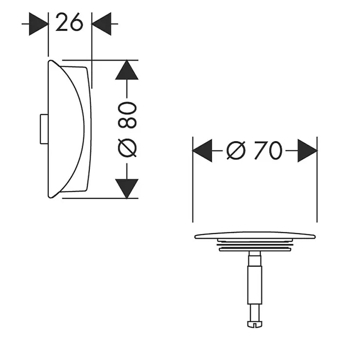 Hansgrohe Ausstattungs-Set Flexaplus - 2 -tlg., Verchromt - Abbildung eines Waschbeckenstöpsels mit den Maßen 26 mm Tiefe und 80 mm Durchmesser des oberen Teils sowie 70 mm Durchmesser des unteren Teils.