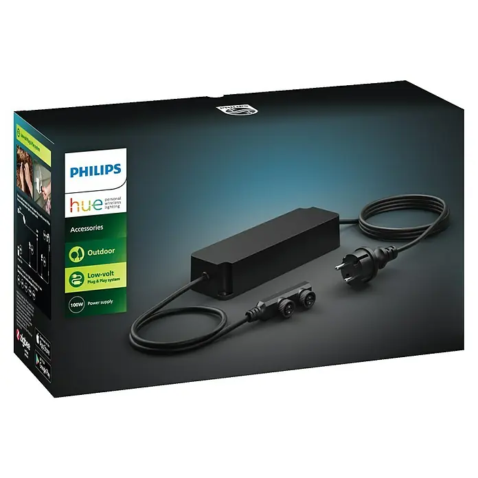 Philips Hue Netzteil Outdoor - Max. Leistung: 100 W, Schwarz, L x B x H: 20 x 7 x 4,5 cm - Ein Philips Hue Outdoor-Netzteil (100W) mit Zubehör für die Erweiterung des intelligenten Gartens, verpackt in einem schwarzen Karton.