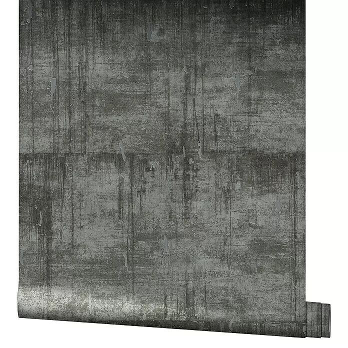 Marburg Natural Opulence Vliestapete - Schwarz-Grau, Betonoptik, 10,05 x 0,7 m - Rolle industrieller grauer Tapete mit abgenutzter Betonoptik, leicht abgerollt.