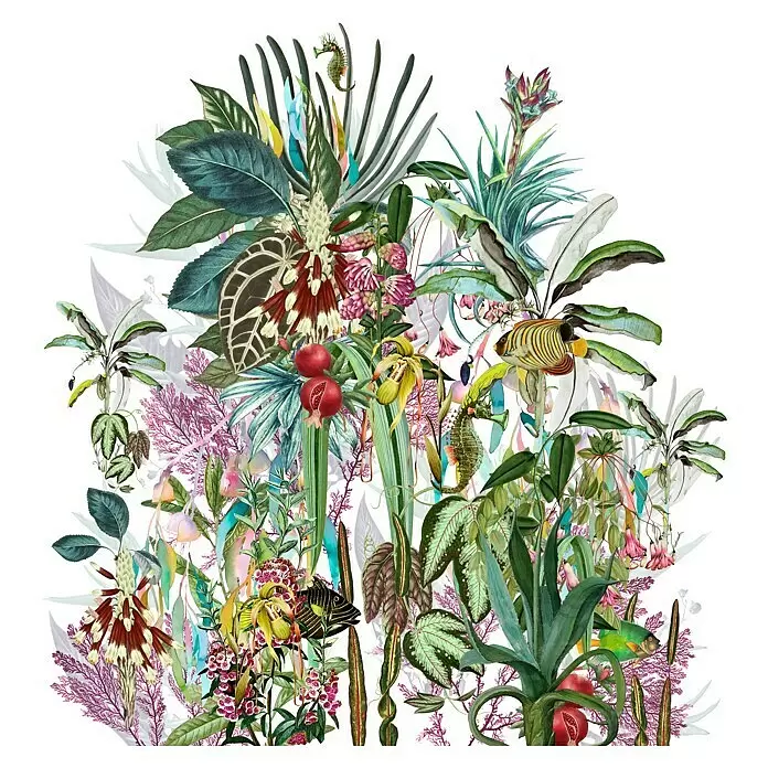Marburg Smart Art Gallery Fototapete Tropische Meeresfantasie - B x H: 2,12 x 2,7 m, Vlies - Farbenfrohe Illustration tropischer Flora und Fauna: exotische Pflanzen, Blüten, Früchte, Seepferdchen und Fische.