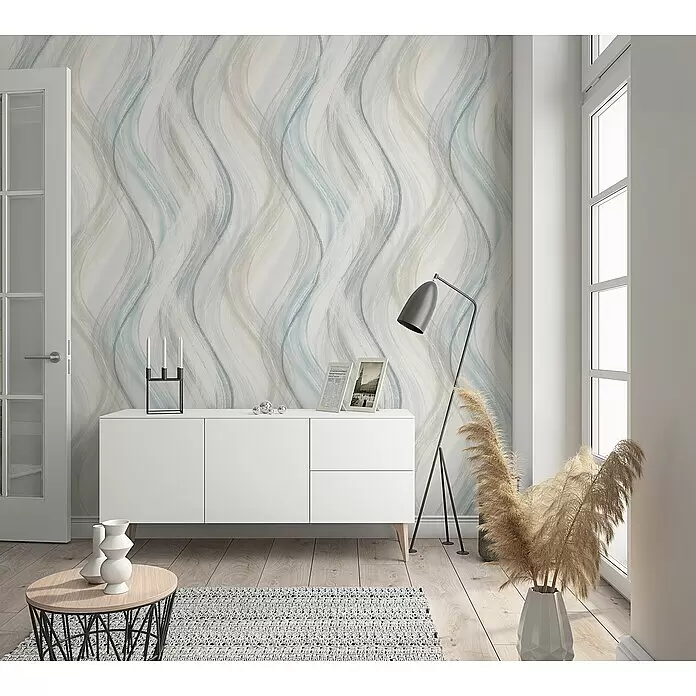 Marburg Shades Vliestapete - Greige-Blau, Wellen, 10,05 x 0,53 m - Stimmungsaufnahme