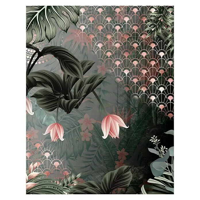 Marburg Smart Art Gallery Fototapete - B x H: 2,12 x 2,7 m, Vlies, Blumen - Grün-Rot - Tropisches Blattwerk-Design mit Monstera-Blättern, rosa Blüten und einem roségoldenen Art-Déco-Fächermuster.