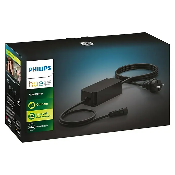 Philips Hue Netzteil Outdoor - Max. Leistung: 40 W, Schwarz, L x B x H: 13,2 x 6,5 x 4,1 cm - Philips Hue Outdoor-Netzteil in der Verpackung. 40-Watt-Stromversorgung für den Außenbereich.