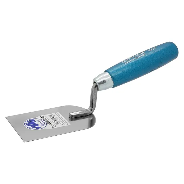 Jung Product Stukkateurspachtel - 60 mm, Qualitätsstahl rostfrei - Nahaufnahme einer rostfreien JUNG Produkt Maurerkelle 050 mit blauem Holzgriff, hergestellt in Deutschland.