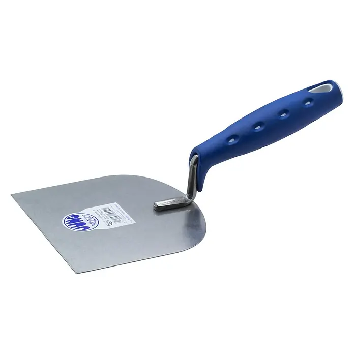 Jung Product Stukkateurspachtel - 120 mm, Qualitätsstahl rostfrei - Nahaufnahme einer Abrundungskelle mit blauem Griff und silbernem Blatt auf schwarzem Hintergrund, Werkzeug zum Glätten von Putz.