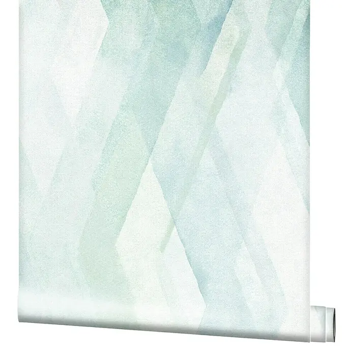 Marburg Shades Vliestapete - Grün-Weiß, Grafisch, 10,05 x 0,53 m - Ein aufgerolltes Aquarellpapier mit geometrischen Formen in Blassblau- und Grüntönen sorgt für eine beruhigende und moderne Wandgestaltung.