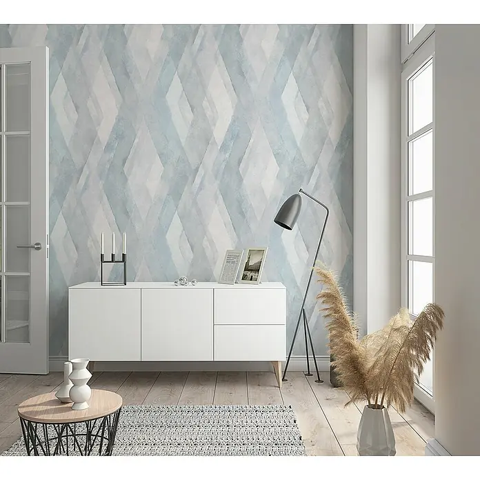 Marburg Shades Vliestapete - Blau-Weiß, Grafisch, 10,05 x 0,53 m - Das Bild zeigt eine stilvolle Wandtapete mit geometrischem Muster, die einem Raum eine moderne und elegante Note verleiht.