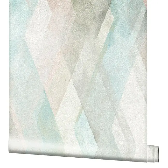 Marburg Shades Vliestapete - Greige-Blau, Grafisch, 10,05 x 0,53 m - Nahaufnahme einer Rolle Tapete mit einem abstrakten Aquarellmuster in sanften Blau-, Rosa- und Grautönen für eine elegante Wanddekoration.