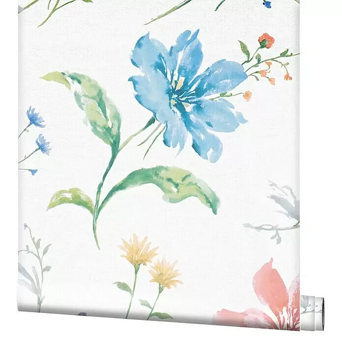 Marburg Shades Vliestapete - Weiß, Floral, 10,05 x 0,53 m - Eine Rolle weiße Tapete mit floralem Aquarellmuster aus blauen, gelben und rosa Blumen.