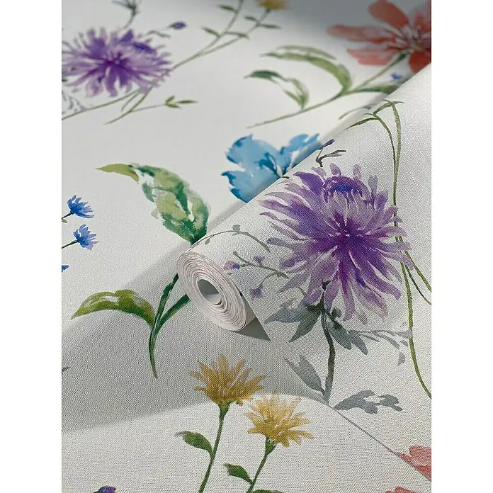 Marburg Shades Vliestapete - Weiß, Floral, 10,05 x 0,53 m - Eine Rolle weißer Blumentapete mit Aquarellblumen in Lila, Blau, Gelb und Rosa sorgt für einen frischen, eleganten Look im Raum.
