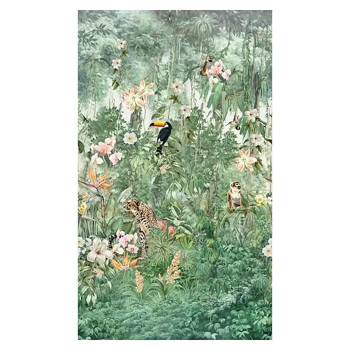 Marburg Smart Art Gallery Fototapete Dschungelleben - B x H: 1,59 x 2,7 m, Vlies - Lebhaftes Dschungeldesign mit üppigem Grün, bunten Blumen und tropischen Tieren wie Gepard, Tukan und Affe.