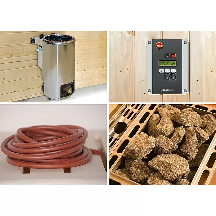 Weka Massivholzsauna Laukkala - Mit 3,6 kW Ofen mit digitaler Steuerung, L x B x H: 138,6 x 138,6 x 200 cm - Sauna-Komponenten: Edelstahl-Heizofen, Weka-Bedienfeld, roter Schlauch und Saunasteine im Korb.