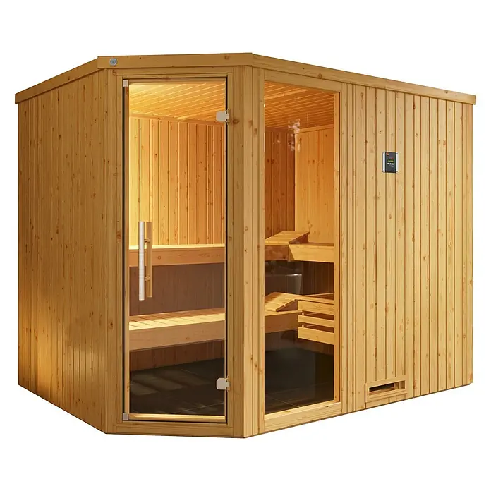 Weka Elementsauna Varberg - Mit 7,5 kW Bio-Ofen mit digitaler Steuerung, L x B x H: 242 x 192 x 199 cm, Anzahl Fenster: 1 Stk. - Eine geräumige Sauna aus hellem Holz mit Glastür und digitalem Bedienfeld, ideal für entspannende Momente.