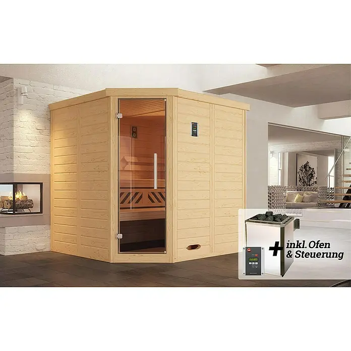 Weka Massivholzsauna KEMI - Mit 7,5 kW Ofen mit digitaler Steuerung, L x B x H: 188 x 140 x 200 cm, Eckeinstieg - Geräumige Holzsauna mit Glastür und Ofen. Die perfekte Ergänzung für Ihr Zuhause für Entspannung und Wellness.