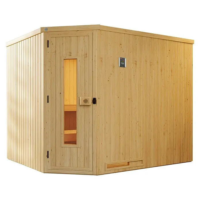 Weka Elementsauna Varberg - Mit 7,5 kW Bio-Ofen mit digitaler Steuerung, L x B x H: 242 x 192 x 199 cm, Materialspezifizierung Tür: Massivholz - Diese Aufnahme zeigt eine moderne Holzsauna mit Glastür, die Wärme und Entspannung verspricht.