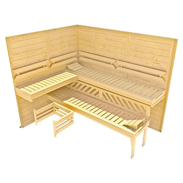 Weka Elementsauna Varberg - Mit 7,5 kW Bio-Ofen mit digitaler Steuerung, L x B x H: 242 x 192 x 199 cm, Materialspezifizierung Tür: Massivholz - Innenansicht einer traditionellen Holzsauna mit mehrstufigen Bänken. Die Sauna ist aus hellem Holz gefertigt und wirkt einladend.