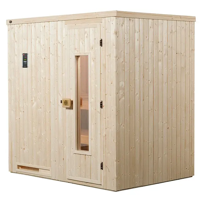 Weka Elementsauna Halmstad - Mit 7,5 kW Bio-Ofen mit digitaler Steuerung, L x B x H: 192 cm x 141,5 mm x 199 cm - Abbildung einer hellholzfarbenen Sauna mit Glastür und elektronischer Steuerung. Ideal für Entspannung und Wellness zu Hause.