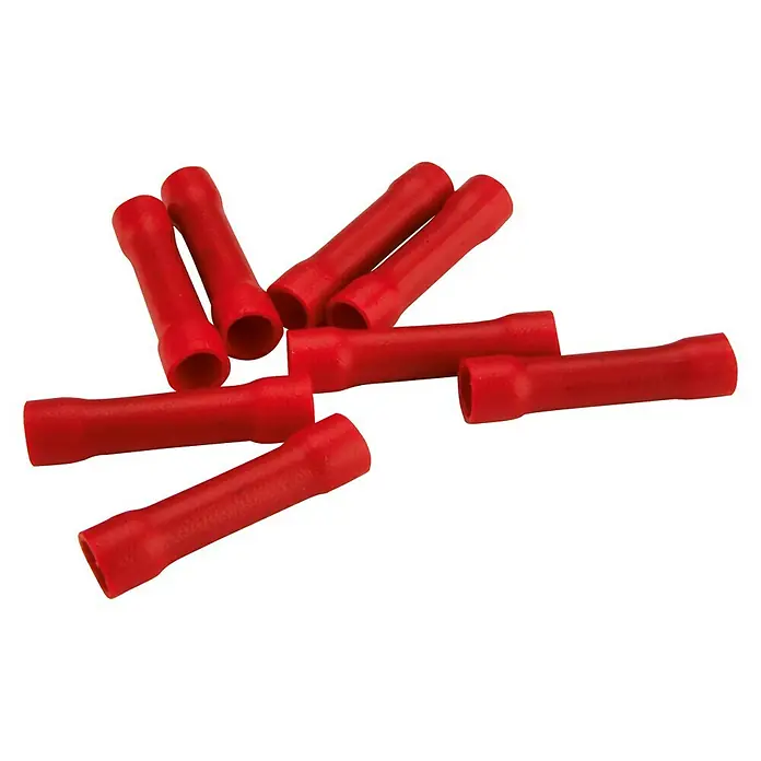 Conector de crimpar - Metal, Rojo, 20 ud. - Primer plano de una colección de casquillos de cable rojos, utilizados para crear conexiones seguras para cables en instalaciones eléctricas.