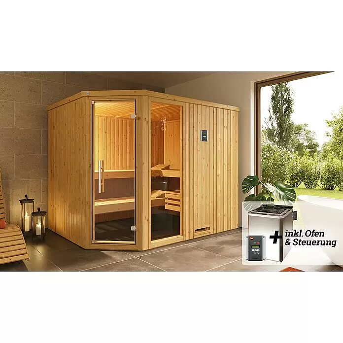 Weka Elementsauna Varberg - Mit 7,5 kW Bio-Ofen mit digitaler Steuerung, L x B x H: 242 x 192 x 199 cm, Anzahl Fenster: 1 Stk. - Stimmungsaufnahme