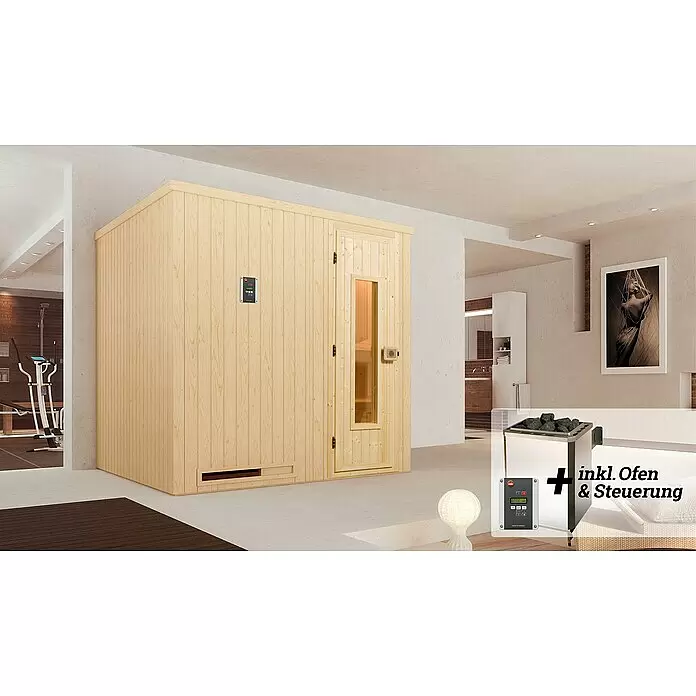 Weka Elementsauna Halmstad - Mit 7,5 kW Bio-Ofen mit digitaler Steuerung, L x B x H: 192 cm x 141,5 mm x 199 cm - Helle Holzsaunakabine in modernem Raum, mit separatem Saunaofen und Bedienfeld abgebildet.