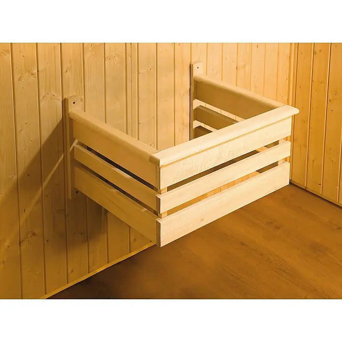 Weka Elementsauna HALMSTAD 7,5 kW BioS Gr.2 - Mit Ofen, L x B x H: 177 x 194 x 199 cm, Materialspezifizierung Tür: Ganzglas - Wandmontierte Sauna-Kopfstütze aus hellem Holz für entspanntes Zurücklehnen in der Sauna. Komfort und natürliche Optik für Ihr Saunaerlebnis.